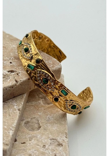 Gold Vintage Yeşil Taşlı Göz Çelik Kelepçe Bileklik Gold