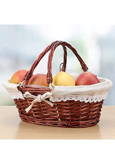 Agoodshop Doğal Hasır Dokuma Sepet, Saplı Ve Keten Pamuklu Kumaş Astarlı Premium Söğüt Sepet, Dekora Naturel