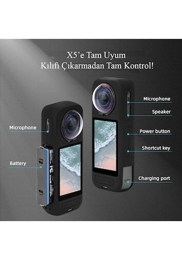 Insta360 X5 Aksesuar Seti - Silikon Kılıf + Lens Cap + Ekran Koru Siyah