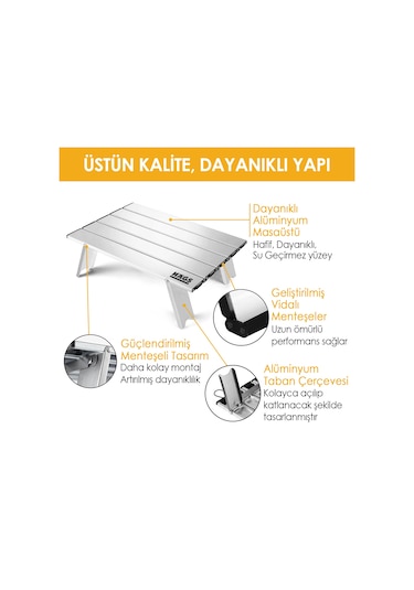 Haegs Portatif Küçük Masa Alüminyum Hafif - Plaj, Piknik, Kamp, Balıkçı, Outdoor Küçük Sehpa Masa - Gümüş