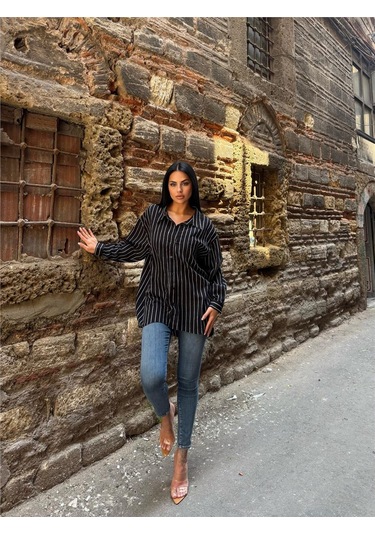 Siyah Çizgili Oversize Pamuklu Düğmeli Gömlek Siyah