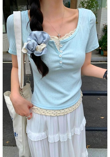 Mavi Düğmeli Ek Parçalı Y2k Kısa Kollu Crop-17924 Mavi