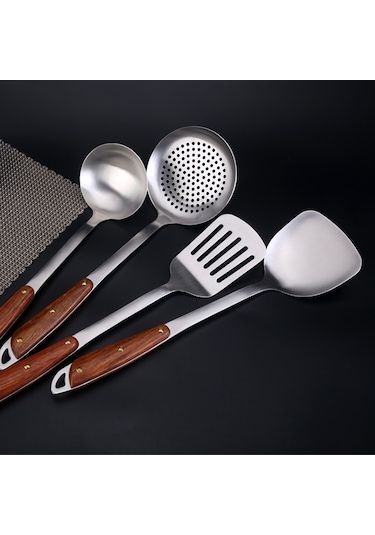 Sones 304 Paslanmaz Çelik Ahşap Saplı Mutfak Eşyaları Ev Mutfak Ekipmanları, Stil: Çorba Kaşığı