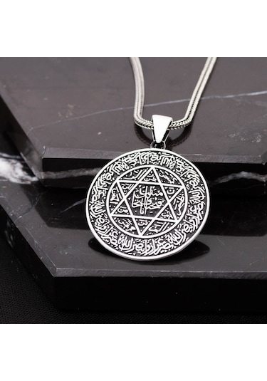 Mührü Süleyman Ve Tılsımı Yazılı Kolye Gümüş Rengi Gümüş