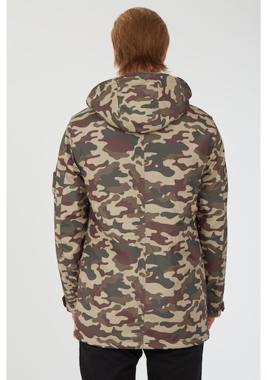 Sposo 1738 Su Itici Kumaş , Kapşonlu Kahveli Kamuflaj Erkek Kaban Yeşil - Kahverengi