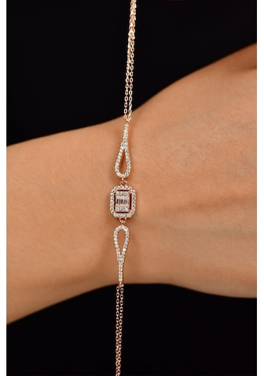 Roza Silver Zirkon Taşlı Rose 3 Sıra Baget Gümüş Bileklik