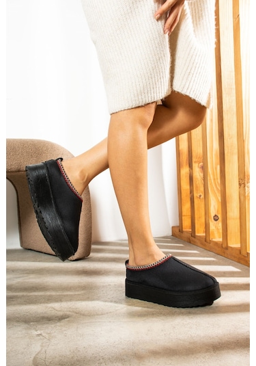 Günlük Kadın Bot Desenli Yüksek Kalın Taban İçi Kürklü Süet Kısa Bootie Hafif U50 Siyah