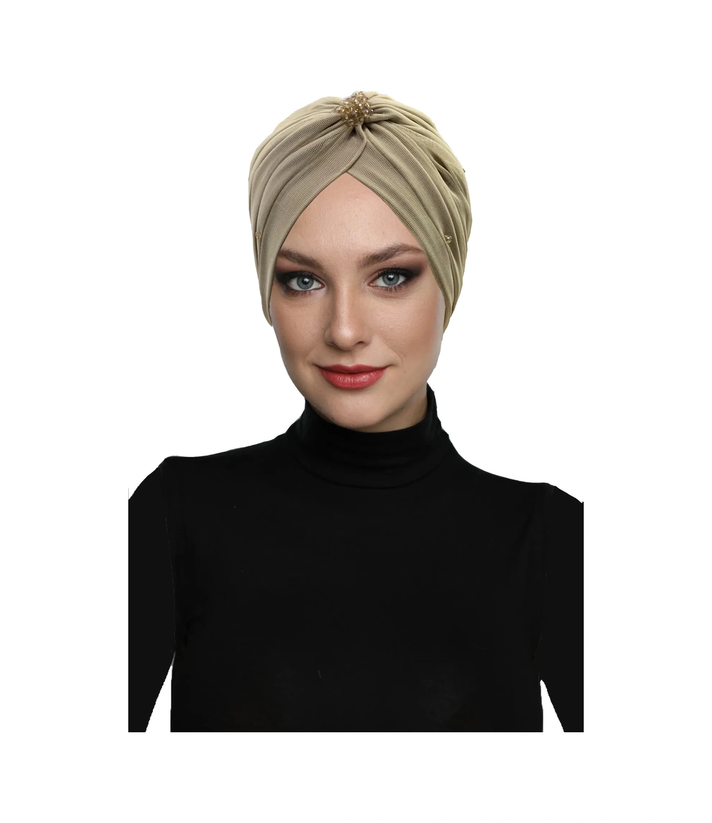 Dizayn Tüllü Kristal Taş İşlemeli Çift Taraflı Astarlı Açık Bej Hazır Türban Tesettür Abiye Bone. Açık Bej