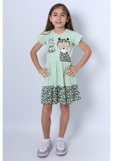 Kız Çocuk Elbise Fırfırlı Kedicik Baskılı C13 Yeşil