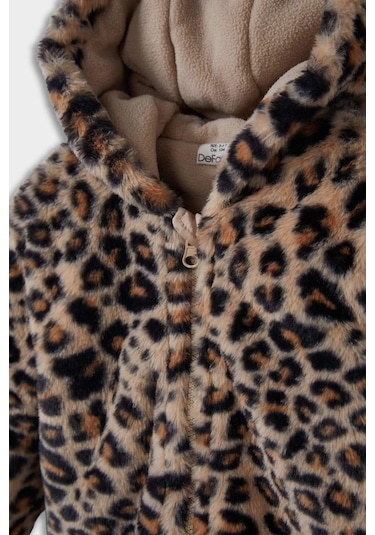 Defacto Kız Bebek Kapüşonlu Leopar Desenli Fermuarlı Pelüş Mont E7993a525aubg744 Bej