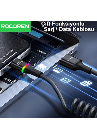 Rocoren 100w 7a Spiral Rgb Led Işıklı Spiral Type-c Hızlı Şarj Ve Data Kablosu 1.6 Metre