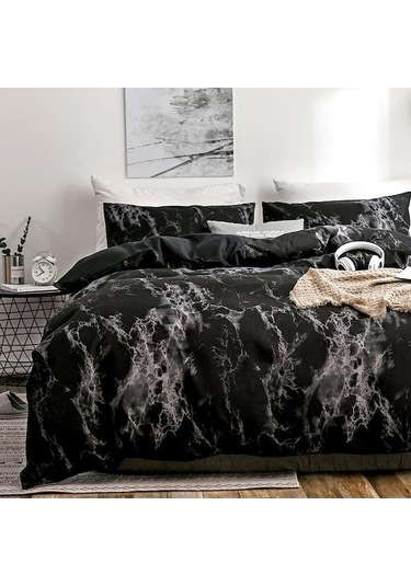 Novahub Siyah Nevresim Takımı Mermer Desen Düz Baskı Nevresim Takımı Üçlü Veya Dörtlü Set Au-double 3pcs Siyah Siyah