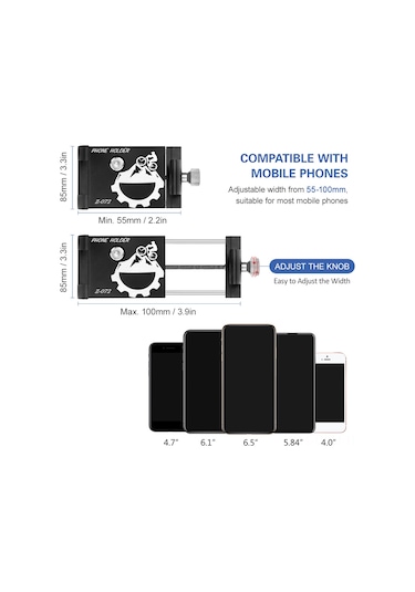 Qingmipy Alüminyum Bisiklet Telefon Tutucu, Üç Tırnaklı Kilitleme, Sağlam Ve Titreme Engeli, Dikey-yatay Ayar, Siyah, 3.0-6.8 İnç Telefon Uyumlu