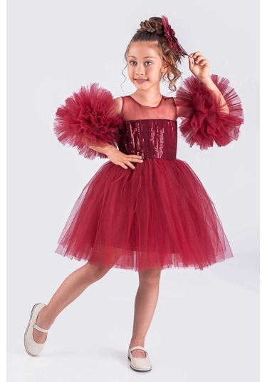 Kız Çocuk Abiye Elbise Ponpon Kol Pul Payetli Tütülü Bordo