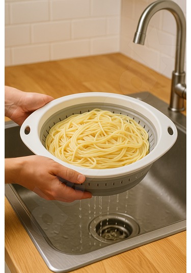 5'li Akordiyon Süzgeç Seti - Pirinç, Oval, Yuvarlak, Saplı, Kare Süzgeç - Katlanır Süzgeç Seti Beyaz - Gri