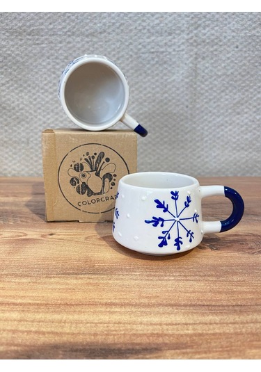 Mavi Ok Desenli El Yapımı Seramik Kupa, Mug, Türk Kahvesi