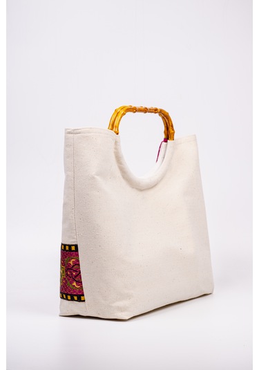 Fabric Craft Bag El Çantası Kanvas Etnik Dokuma Bordürlü Beyaz