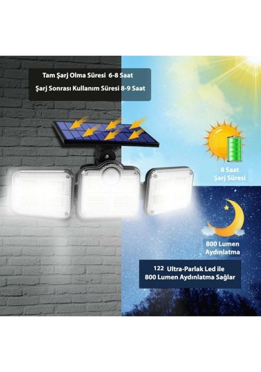 Kumandalı Solar Güneş Enerjili 122 Ledli Hareket Sensörlü Bahçe Aydınlatma Sokak Lambası Asorti