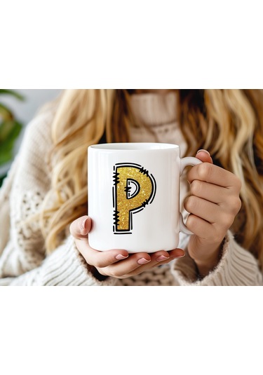 P Harfi Gold Simli Kupa Işıltılı Alfabe Harf Tasarımlı Kahve Kupası - Kişiye Özel Hediye Beyaz