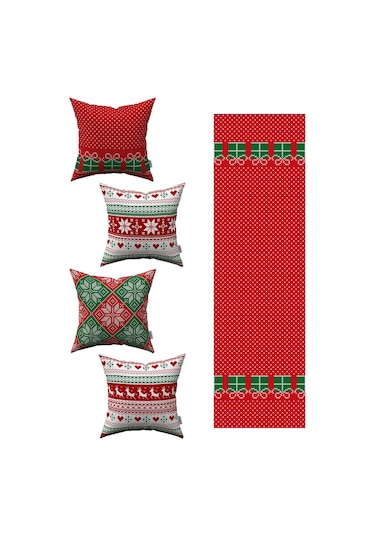 Kırmızı Yılbaşı Temalı 4'lü Kırlent Kılıfı 1 Runner Seti 4kmbs060-rs-04
