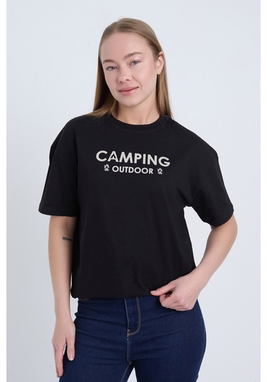 Velvoria Unisex Oversize Siyah Camping T-shirt