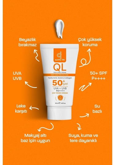 Quality Life Yüz Güneş Kremi Su Bazlı Leke Karşıtı Faktör Güneş Kremi SPF50+ 50 ML