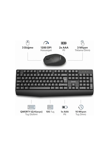 Philips SPT6337 Kablosuz Türkçe Q Klavye & Mouse Seti Siyah