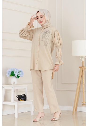 Önü Taşlı Kolu Lastikli İkili Takım-bej-5098 Bej