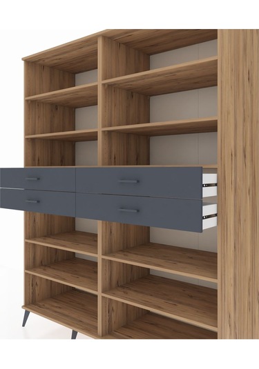 Kronos Gardrop 10 Raflı 4 Çekmeceli 176x59x221 Çam-çam/antrasit Çam/antrasit