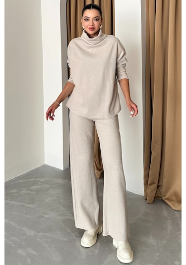 Modagen Kadın Selanik Kumaş Balıkçı Yaka Alt Üst Takım Bej
