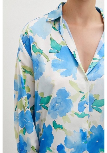 Kadın Uzun Kol Desenli Renkli Pamuk Saten Premium Kalite Spor Şık Gömlek Mavi