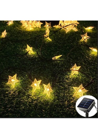 7 Metre 30 Yıldız Güneş Enerjili Solar Led Işık Dış Mekan Su Geçirmez Dekoratif Aydınlatma Sarı