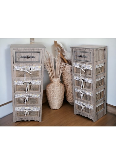 Ahşap 5 Çekmeceli Hasır Görünümlü Sebzelik Rustik