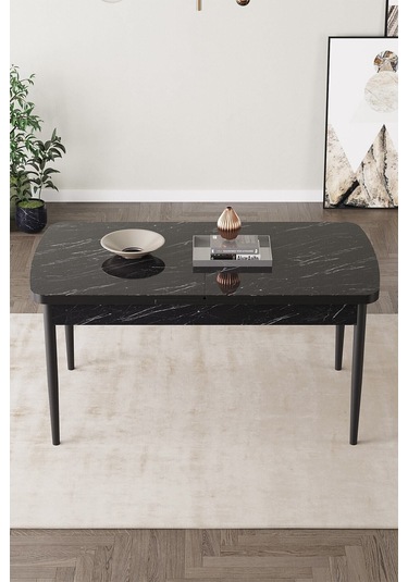 Milas Siyah Mermer Desen 80x132 Mdf Açılabilir Mutfak Masası Takımı 6 Adet Sandalye Kahverengi