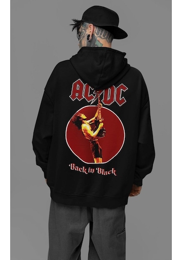 Sevbano Ac Dc Back In Black Müzik Grubu Baskılı Unisex Oversize Tasarım H Siyah
