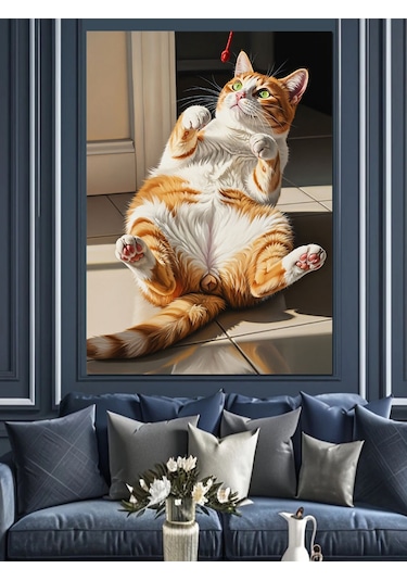 Ahşap Tablo Güneşlenen Komik Ve Şişman Kedi
