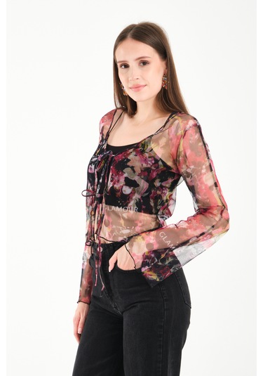 Önü Bağcıklı Tül Bluz Pembe