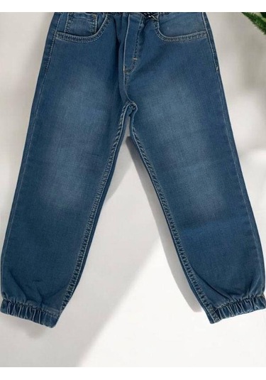 Çocuk Beli Paçası Lastikli Lycralı Kot Pantolon-14954 Mavi