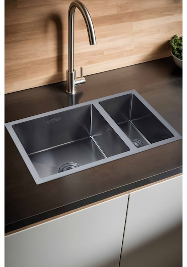 Uka Serisi %100 Krom 70x45 Paslanmaz Mutfak Eviyesi, Mutfak Lavabosu Sifon Dahil Siyah