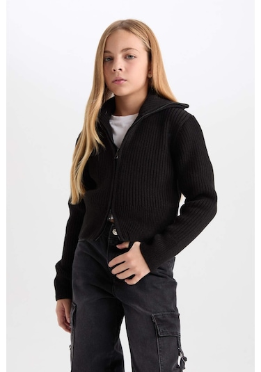 DeFacto Kız Çocuk Basic Düz Dik Yaka Fermuarlı Siyah Triko Hırka C9557A824WNBK27 Siyah