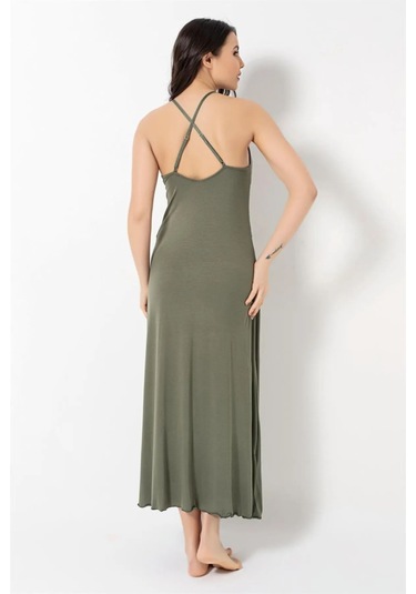 Monamise 18493 Kadın İp Askılı Göğüs Ve Sırt Dekolteli Dantelli Yırtmaçlı Gecelik -haki Haki