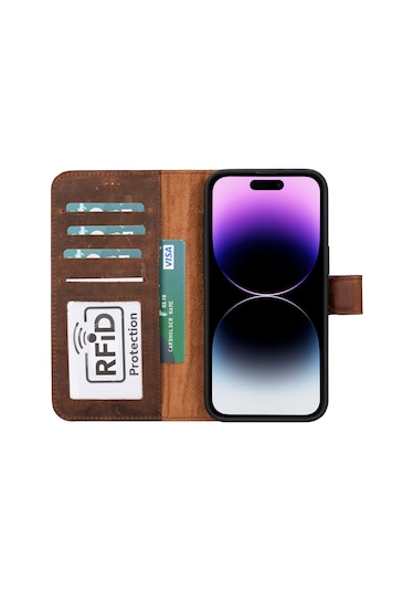Bloomcase  İphone Uyumlu 16 Pro Max Mahogany Brown Hakiki Deri Cüzdanlı Telefon Kılıfı Kahverengi