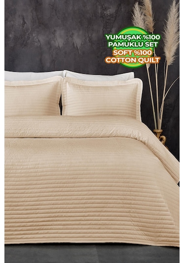 Evlen Home %100 Pamuk Yatak Örtüsü Pike Takımı Tek Kişilik Judy Yatay Çizgili Kapitone Bej Bej