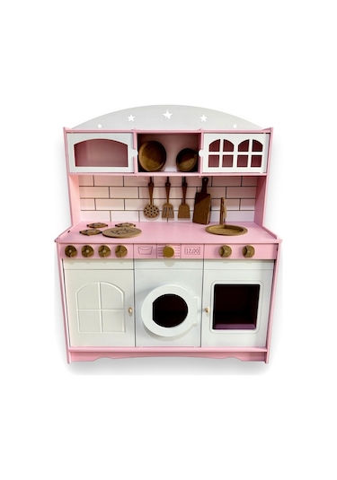Ahşap Büyük Boy Pembe-beyaz Montessori Mutfak Oyuncak Set