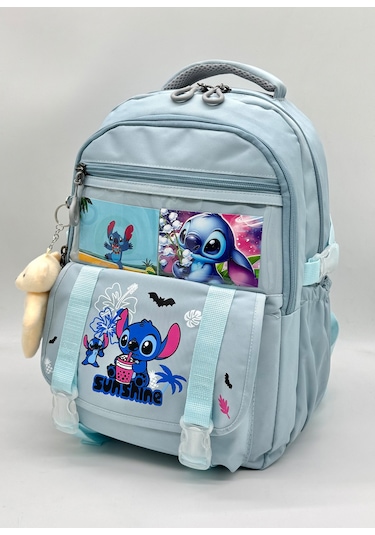 Stitch Desen Aksesuarlı Kore Tarzı Termal Beslenmeli Ve Kalemlikli Kız Çocuk Okul Sırt Çantası Seti Turkuaz