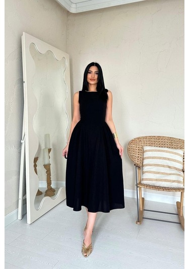 Siyah Yanları Büzgülü Midi Boy Keten Elbise Çok renkli