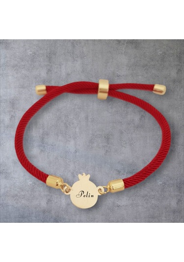 Pelin İsmine Özel Nar Motifli İpek Örgülü 14 Ayar Altın Plakalı Hediye Bileklik-323isim-kırmızı Altın