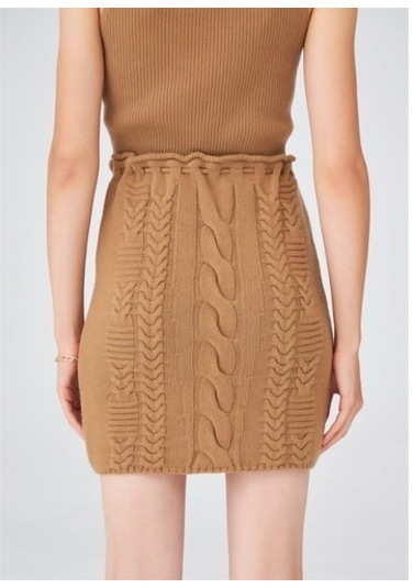 Peraluna Saç Örgü Desenli Kadın Triko Etek Camel