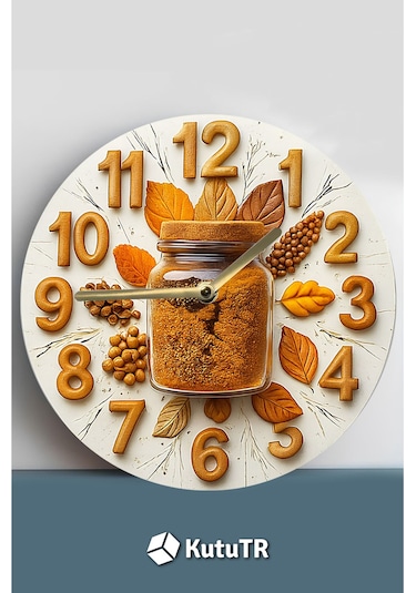 Zamanın Baharatı Kavanoz Temalı Sessiz Yuvarlak Ahşap Duvar Saati, Kuvars Coffe Desen 2d Sdw209 Renkli