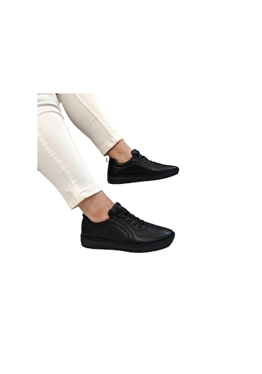 Voyager Z094 Siyah Hakiki Deri Lazer İşlemeli Bayan Ayakkabı Siyah